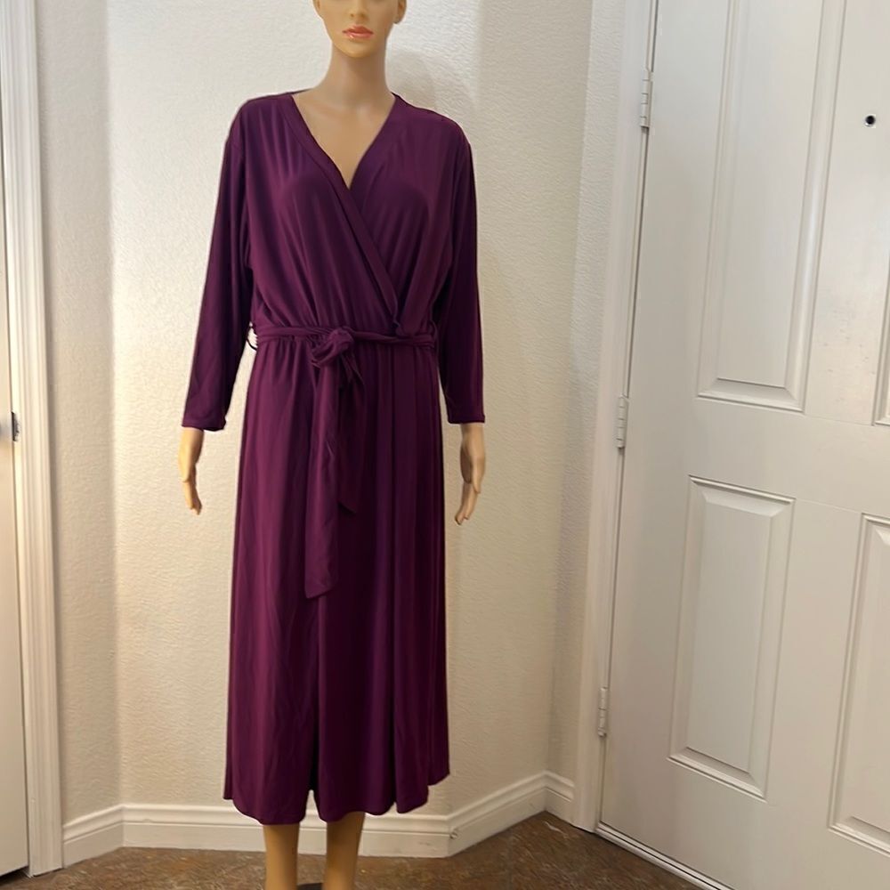 Koh Koh Dress Size XXXL Plum Purple Wrap V Neck Long Sleeve Tie Belt Midi New